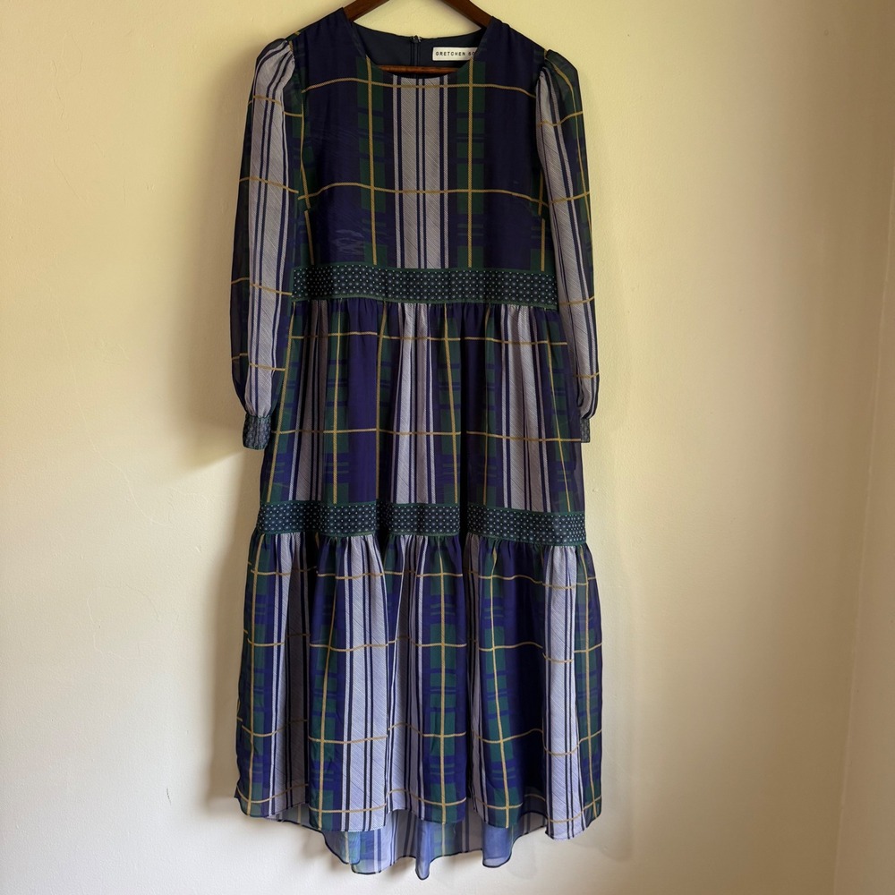 Gretchen‎ Scott Plaid Tiered Chiffon Long Sleeve Midi Dress Size 6/8 Navy Green
